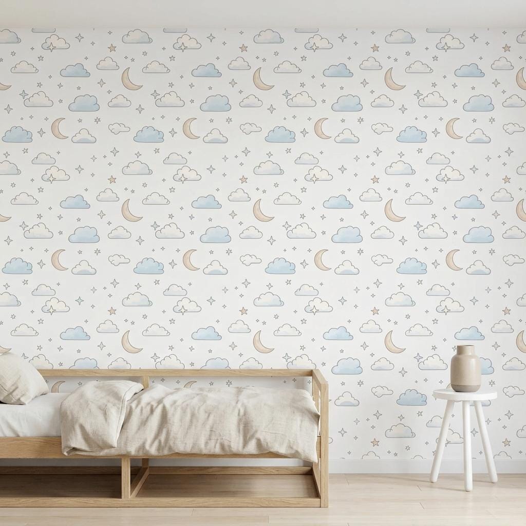 Whimsical Celestial Clouds Wallpaper in Soft Blue, Nursery Wall Decor, Moon and Stars Peel and Stick, Neutral Gender Boho Room Art-WP0178