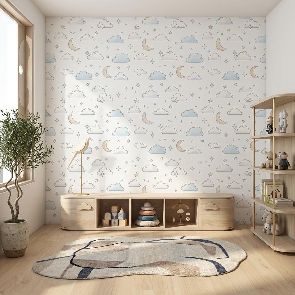 Whimsical Celestial Clouds Wallpaper in Soft Blue, Nursery Wall Decor, Moon and Stars Peel and Stick, Neutral Gender Boho Room Art-WP0178