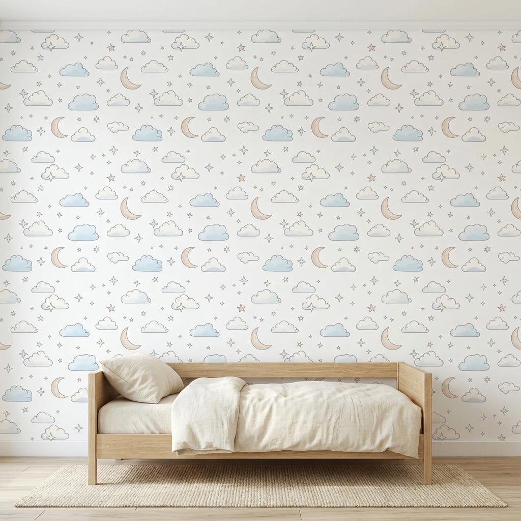 Whimsical Celestial Clouds Wallpaper in Soft Blue, Nursery Wall Decor, Moon and Stars Peel and Stick, Neutral Gender Boho Room Art-WP0178