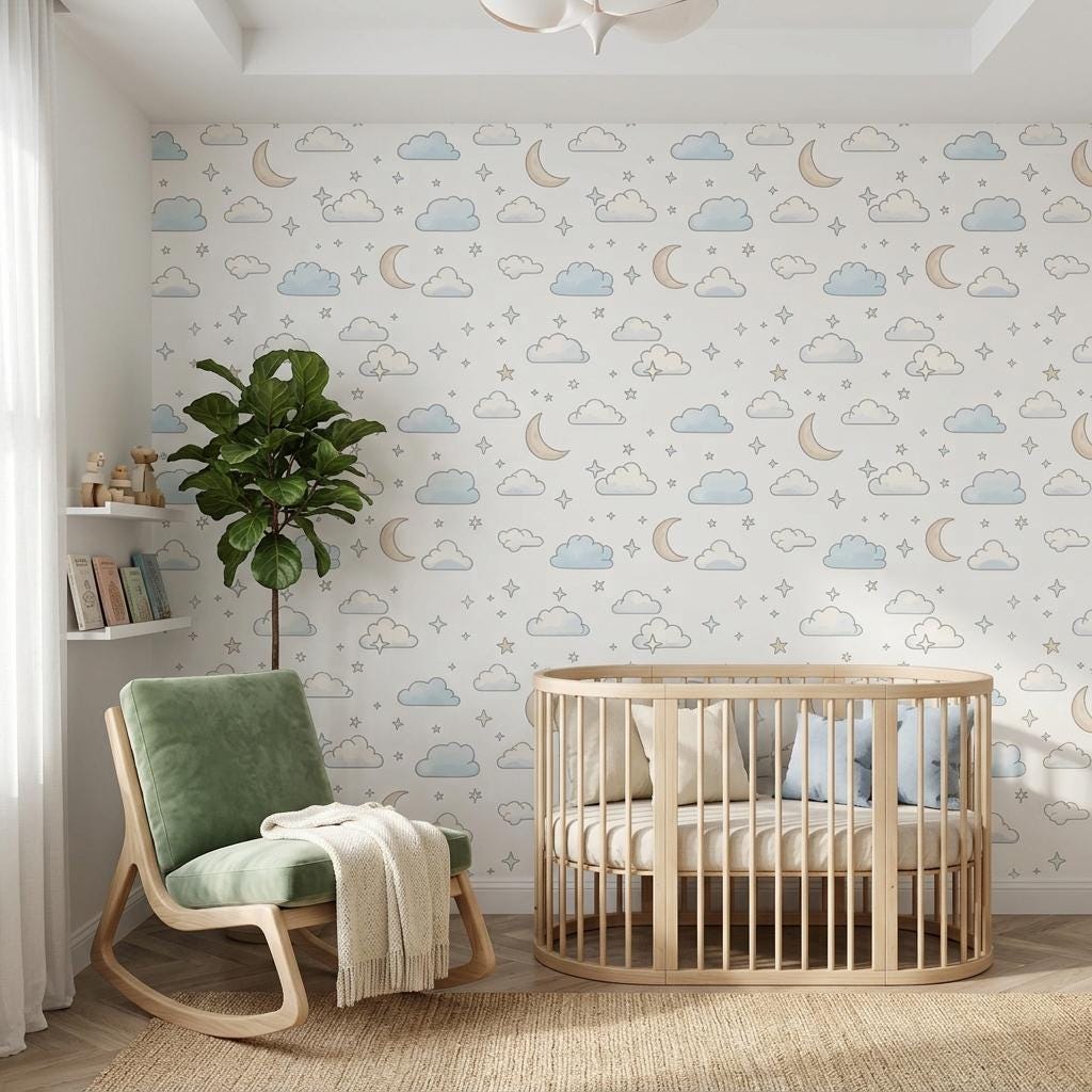 Whimsical Celestial Clouds Wallpaper in Soft Blue, Nursery Wall Decor, Moon and Stars Peel and Stick, Neutral Gender Boho Room Art-WP0178