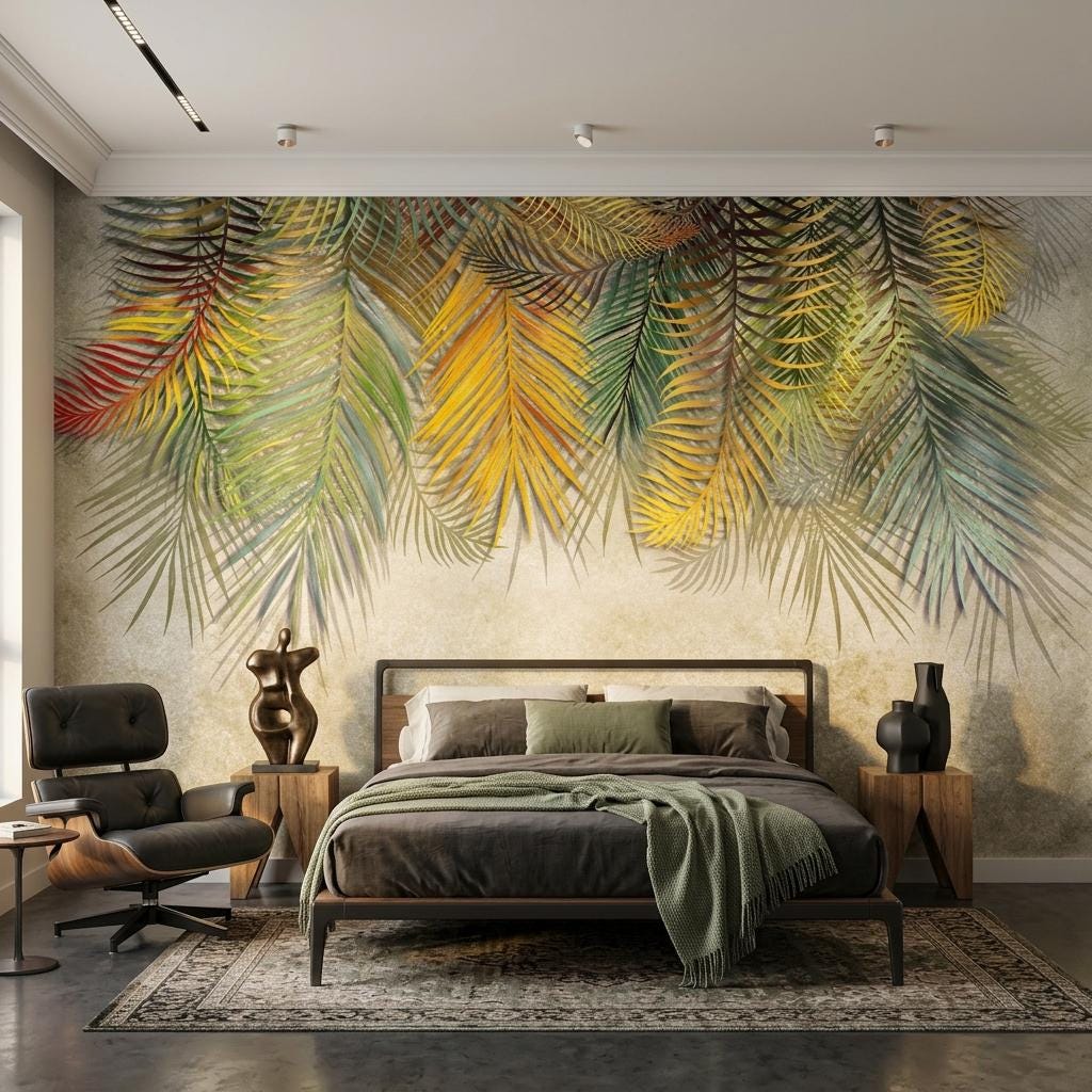 Tropical Palm Leaf Watercolor Mural, Boho Botanical Wallpaper, Jungle Wall Art-WP0179