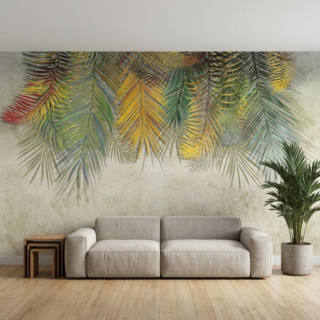 Tropical Palm Leaf Watercolor Mural, Boho Botanical Wallpaper, Jungle Wall Art-WP0179
