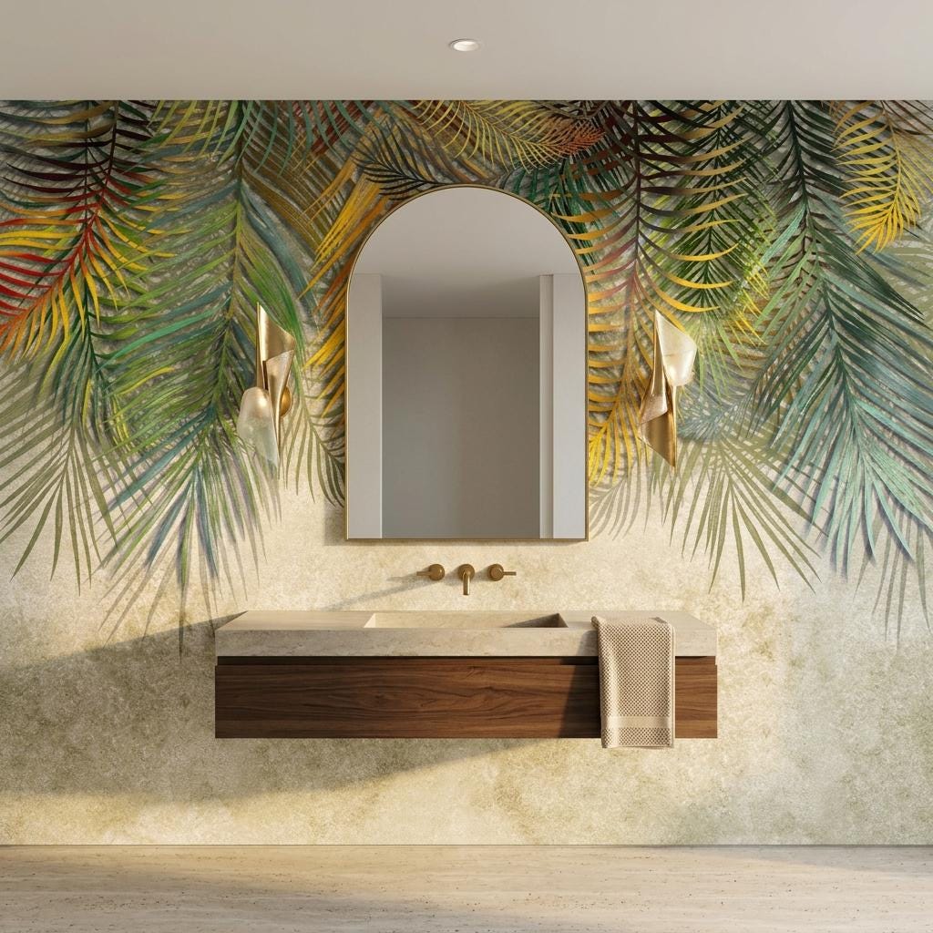 Tropical Palm Leaf Watercolor Mural, Boho Botanical Wallpaper, Jungle Wall Art-WP0179