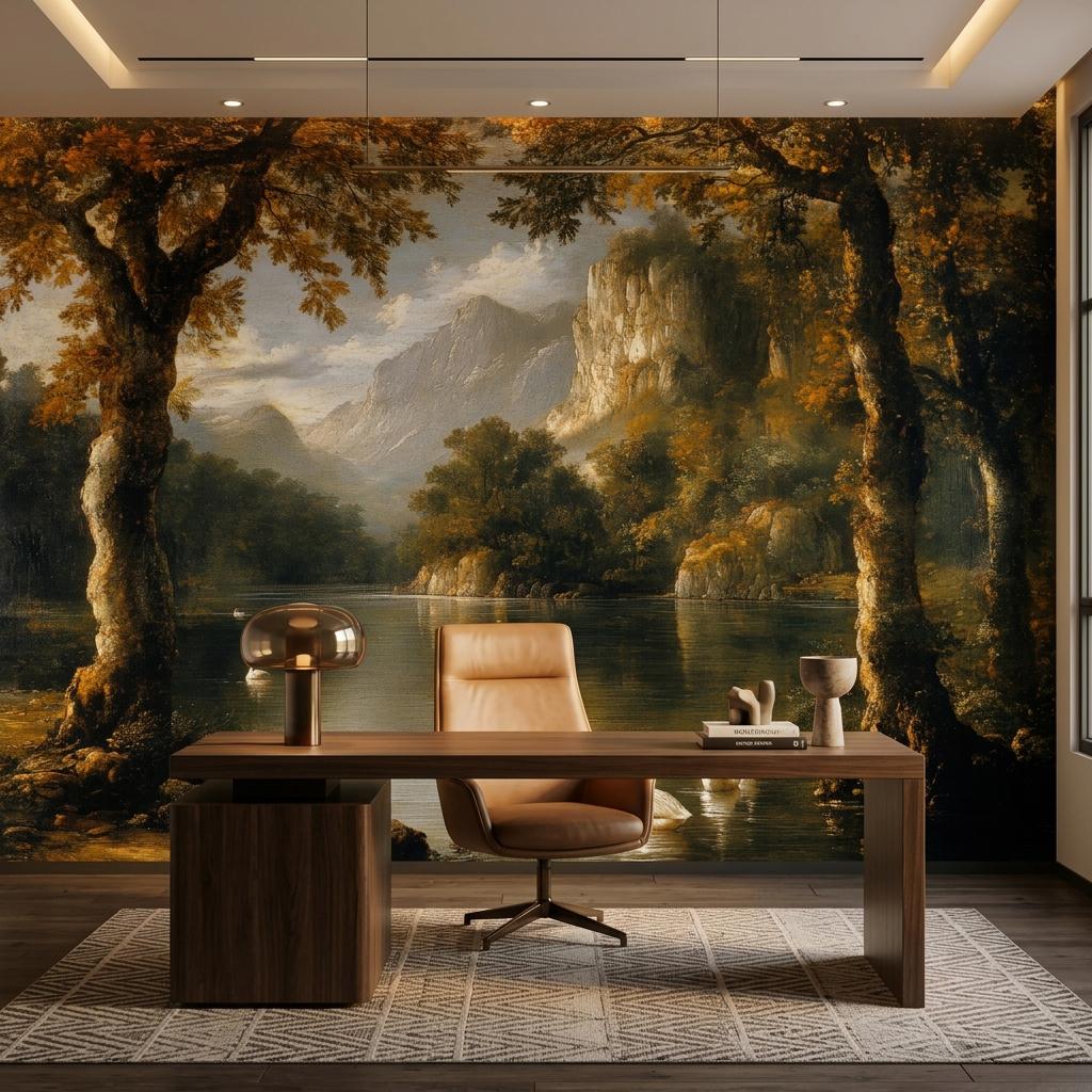 Vintage Landscape Oil Painting Wallpaper Mural, Moody Nature Wall Art, Classical Lake Scene Decor-WP0180