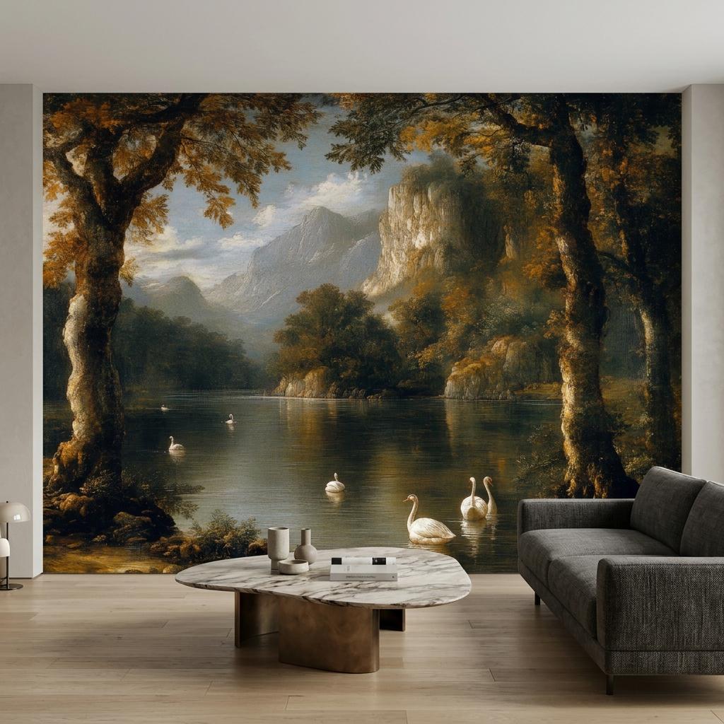 Vintage Landscape Oil Painting Wallpaper Mural, Moody Nature Wall Art, Classical Lake Scene Decor-WP0180