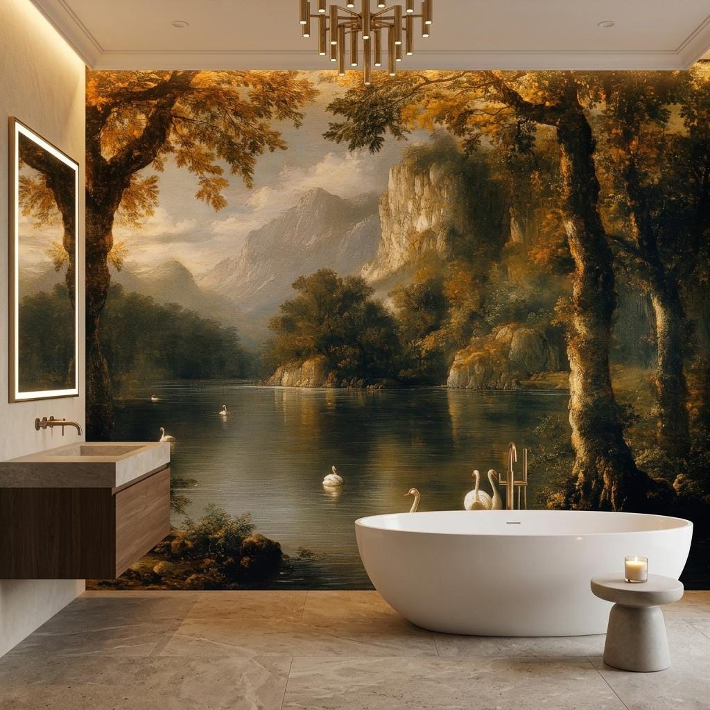 Vintage Landscape Oil Painting Wallpaper Mural, Moody Nature Wall Art, Classical Lake Scene Decor-WP0180