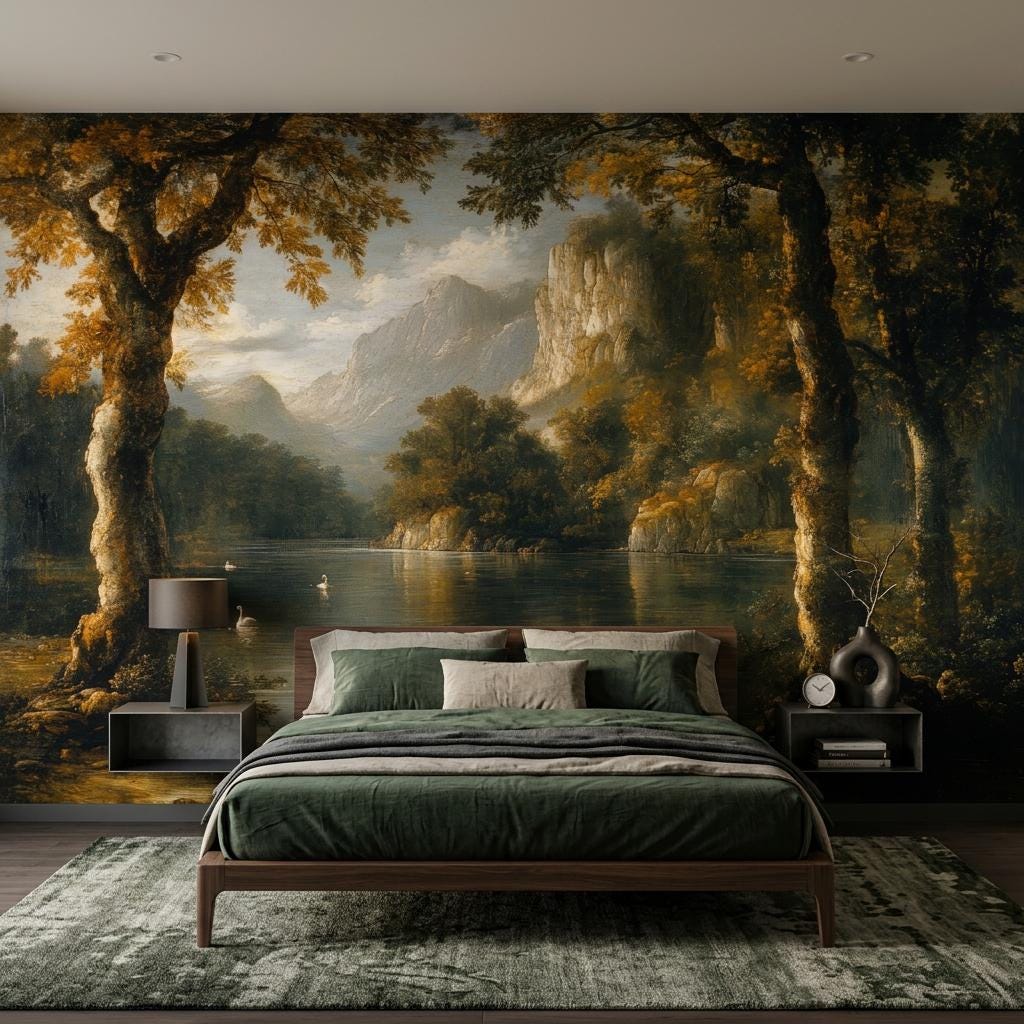 Vintage Landscape Oil Painting Wallpaper Mural, Moody Nature Wall Art, Classical Lake Scene Decor-WP0180