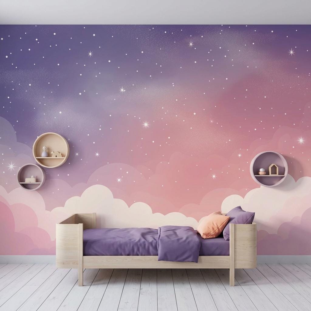 Celestial Galaxy Cloud Wallpaper Mural, Purple Pink Night Sky, Dreamy Nursery Decor -WP0208