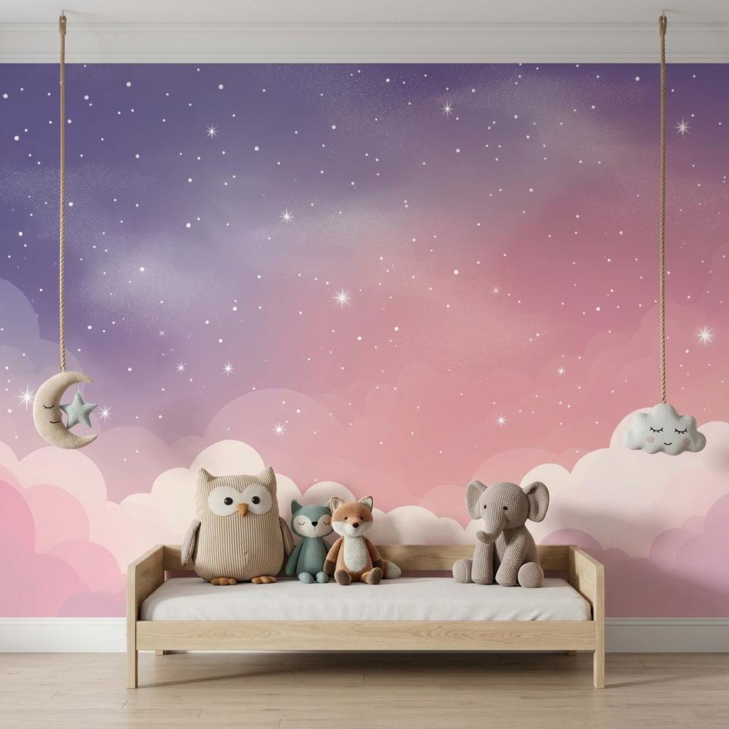 Celestial Galaxy Cloud Wallpaper Mural, Purple Pink Night Sky, Dreamy Nursery Decor -WP0208