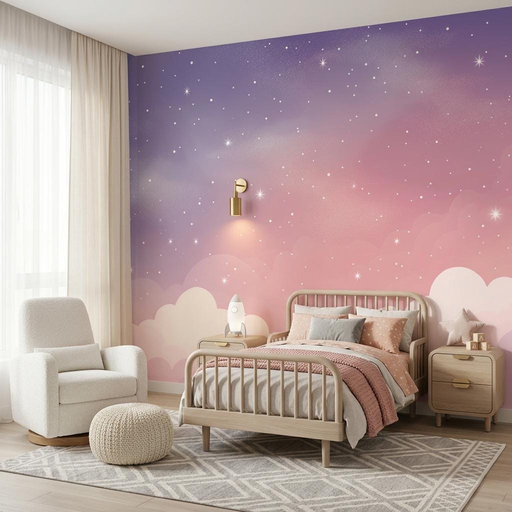 Celestial Galaxy Cloud Wallpaper Mural, Purple Pink Night Sky, Dreamy Nursery Decor -WP0208