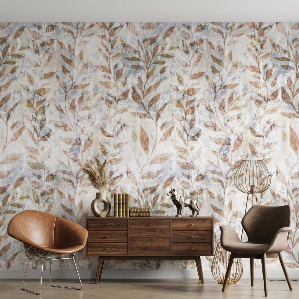 Abstract Botanical Wallpaper, Terracotta Leaf Peel and Stick Wallpaper, Neutral Boho Wall Mural, Rustic Nature Decor-WP0182