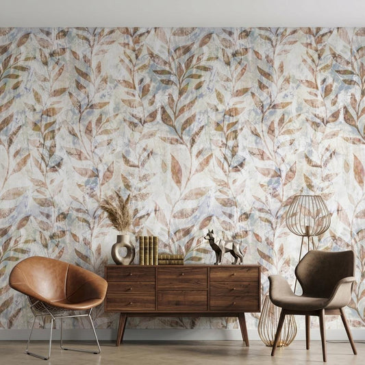 Abstract Botanical Wallpaper, Terracotta Leaf Peel and Stick Wallpaper, Neutral Boho Wall Mural, Rustic Nature Decor-WP0182