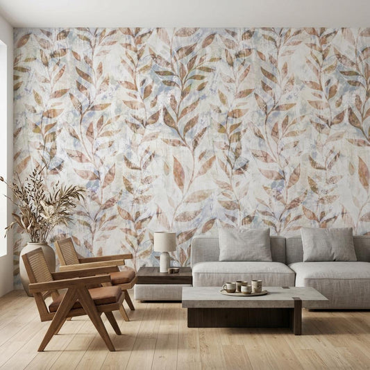 Abstract Botanical Wallpaper, Terracotta Leaf Peel and Stick Wallpaper, Neutral Boho Wall Mural, Rustic Nature Decor-WP0182