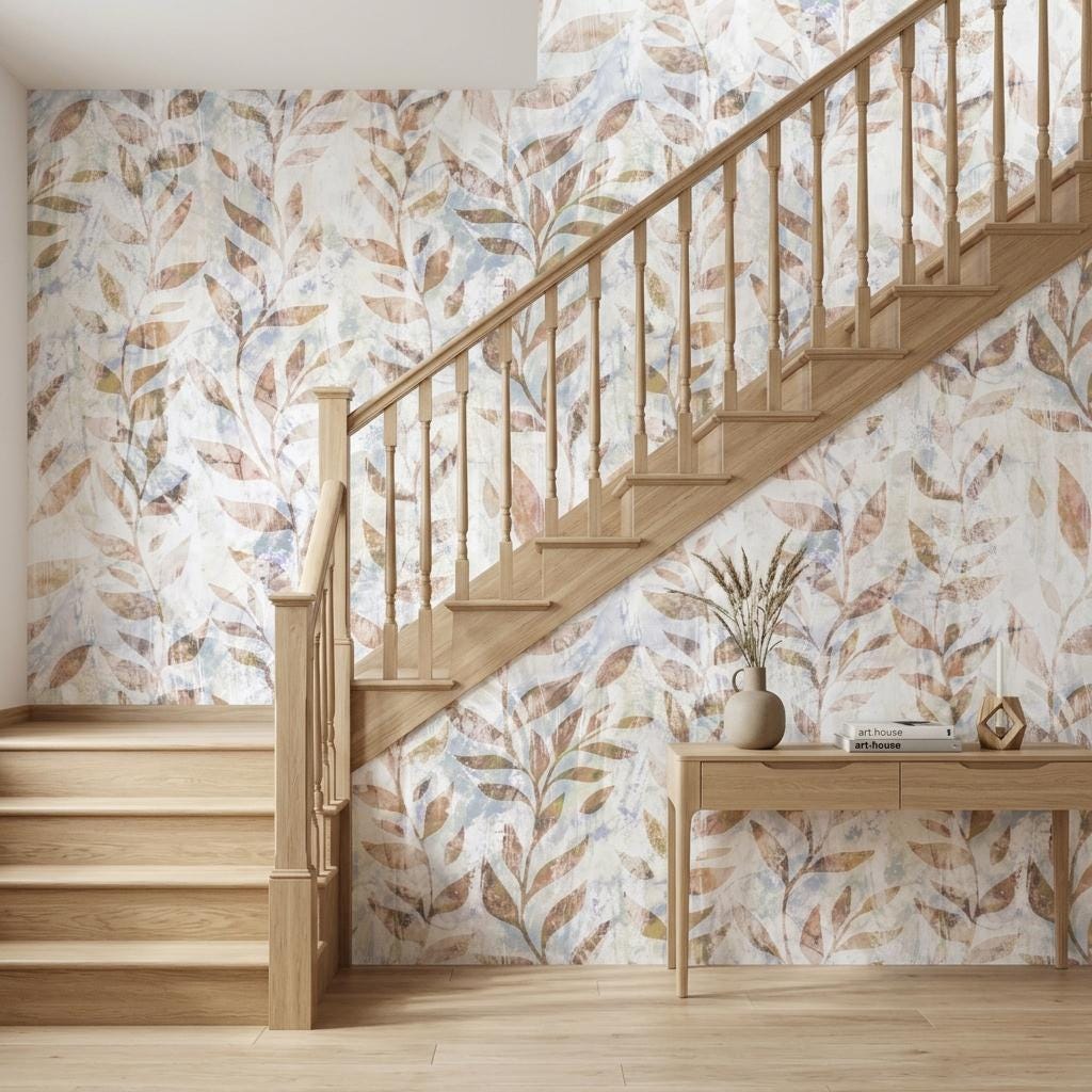 Abstract Botanical Wallpaper, Terracotta Leaf Peel and Stick Wallpaper, Neutral Boho Wall Mural, Rustic Nature Decor-WP0182