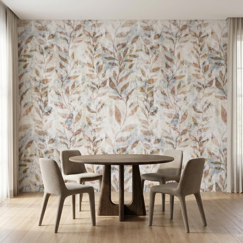 Abstract Botanical Wallpaper, Terracotta Leaf Peel and Stick Wallpaper, Neutral Boho Wall Mural, Rustic Nature Decor-WP0182