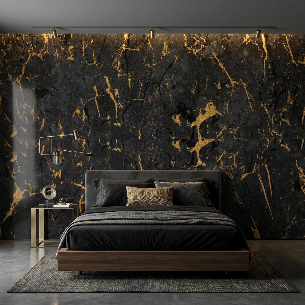 Gold Veined Black Marble Wallpaper Mural, Luxury Stone Art Deco Accent Wall-WP0183