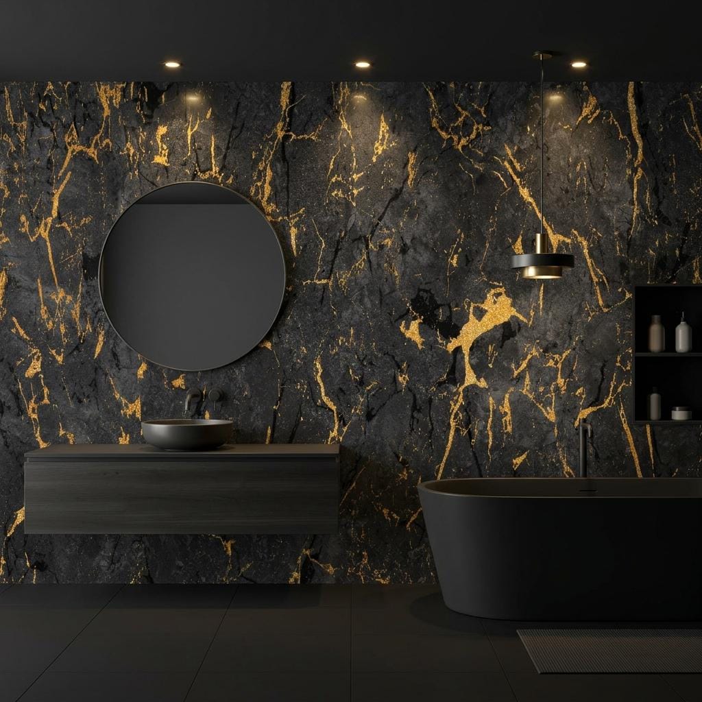 Gold Veined Black Marble Wallpaper Mural, Luxury Stone Art Deco Accent Wall-WP0183