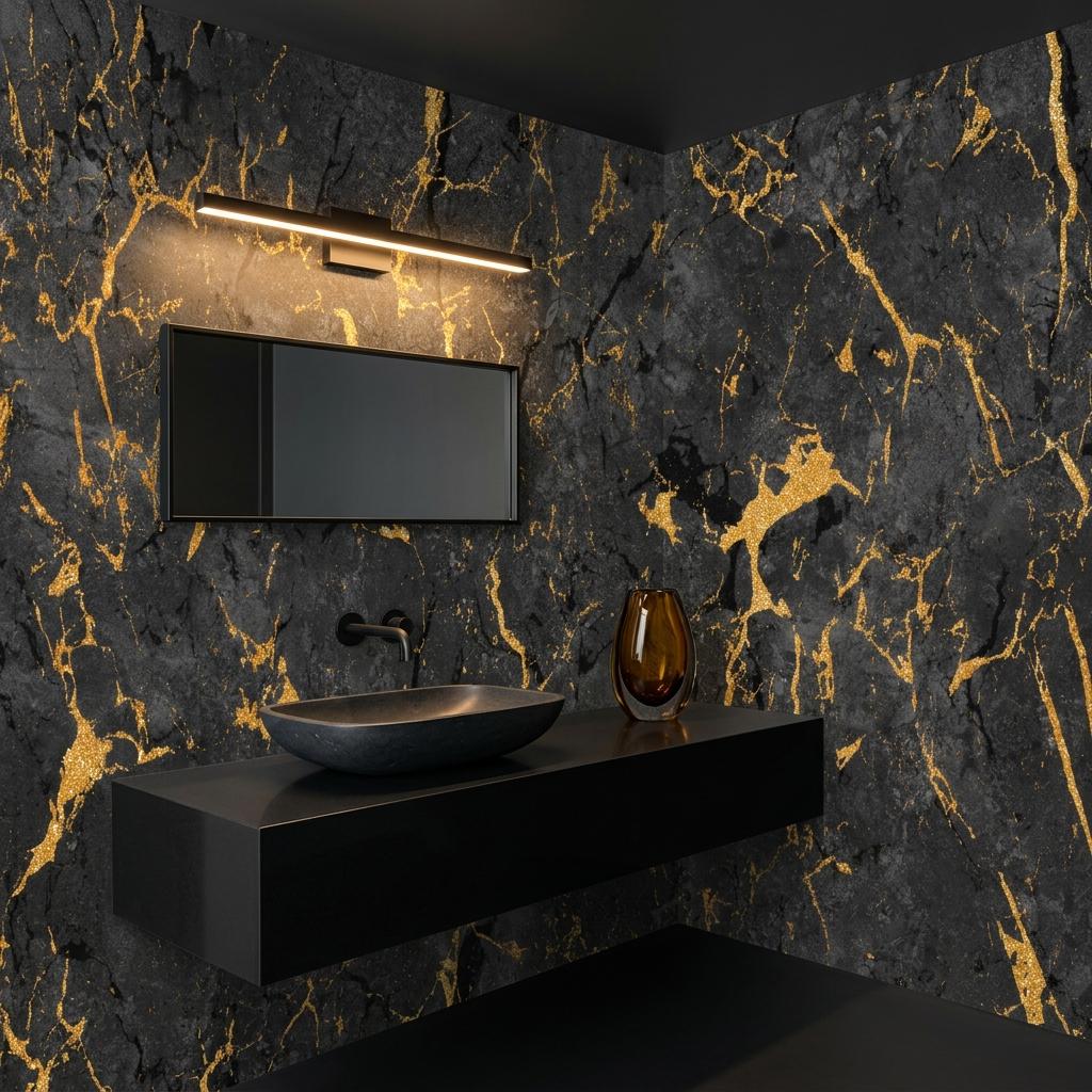 Gold Veined Black Marble Wallpaper Mural, Luxury Stone Art Deco Accent Wall-WP0183