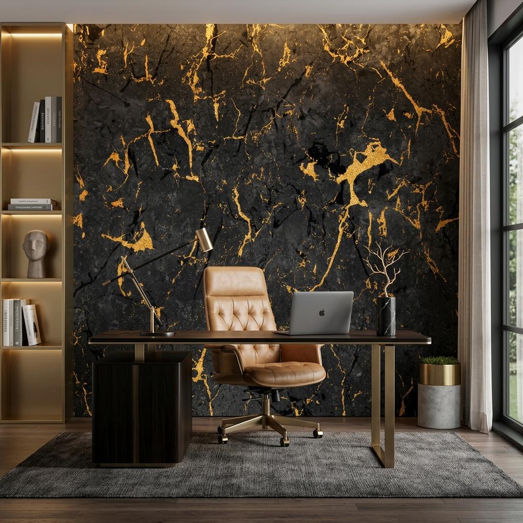 Gold Veined Black Marble Wallpaper Mural, Luxury Stone Art Deco Accent Wall-WP0183