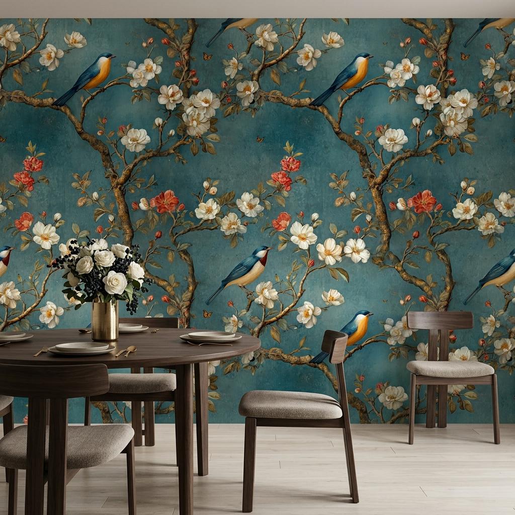 Chinoiserie Floral Bird Teal Wallpaper, Vintage Botanical Wall Mural, Maximalist Bedroom Art-WP0184