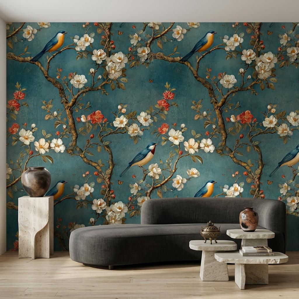 Chinoiserie Floral Bird Teal Wallpaper, Vintage Botanical Wall Mural, Maximalist Bedroom Art-WP0184