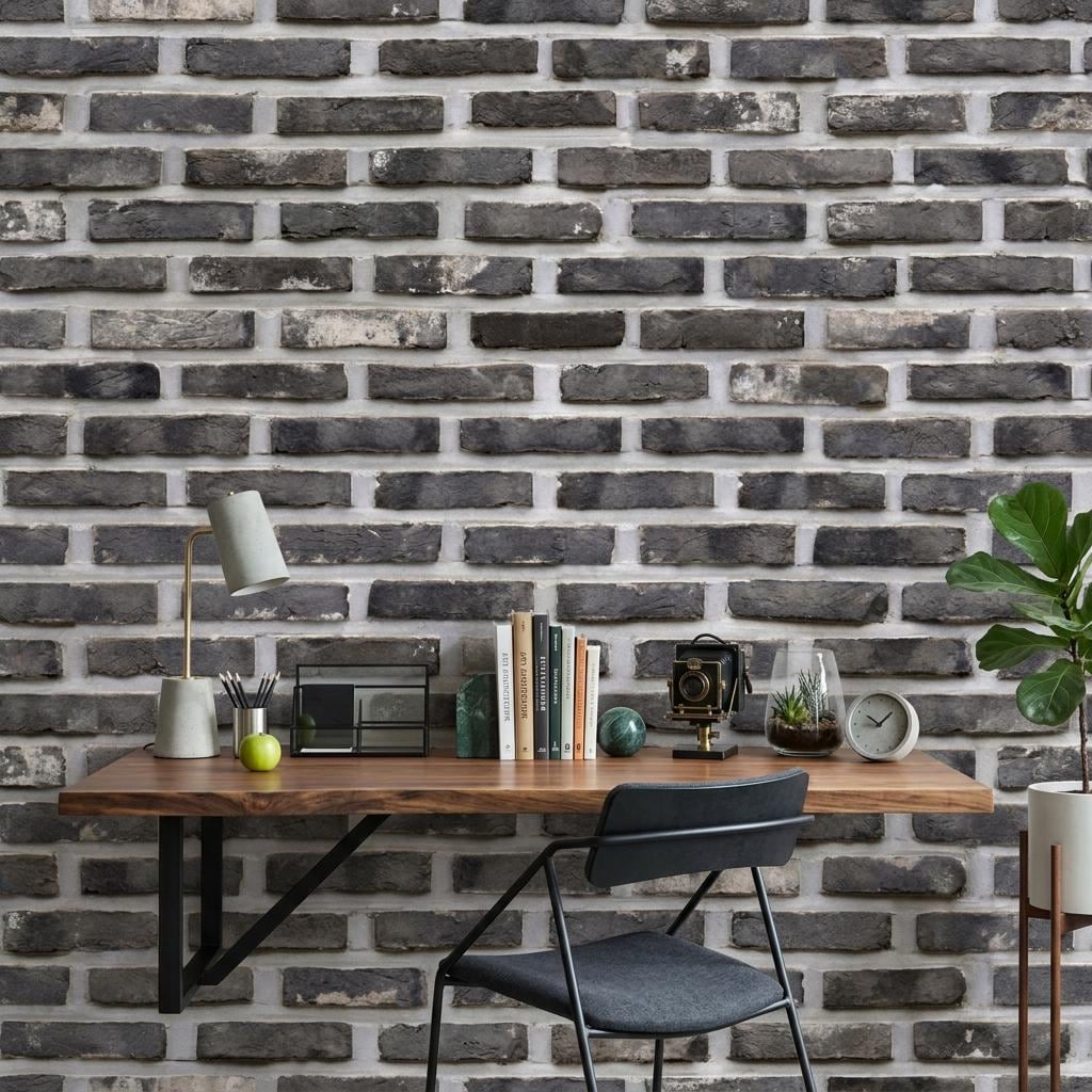 Industrial Gray Brick Faux Texture Wallpaper, Rustic Loft Wall Mural, Modern Farmhouse Accent Wall