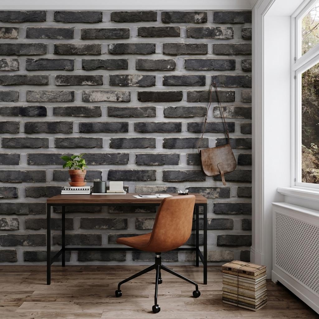 Industrial Gray Brick Faux Texture Wallpaper, Rustic Loft Wall Mural, Modern Farmhouse Accent Wall