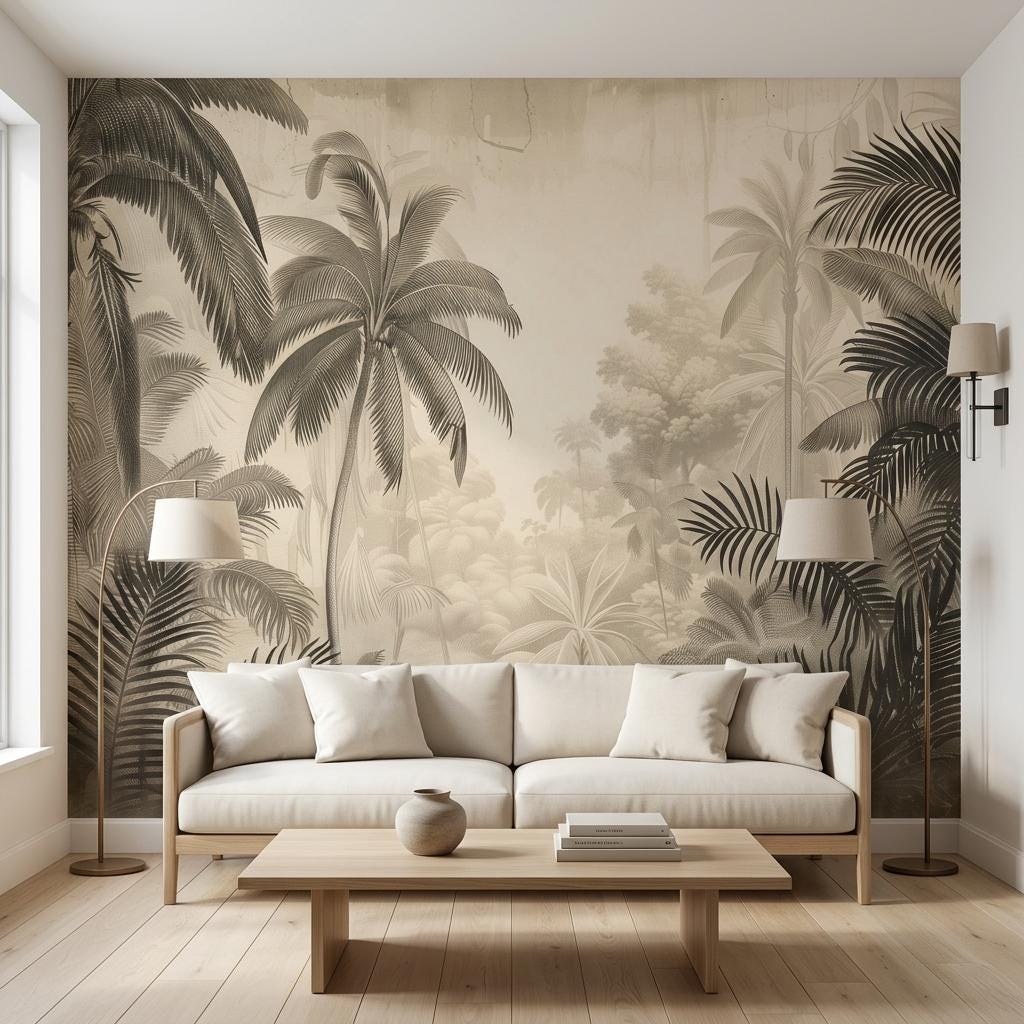 Vintage Tropical Palm Tree Mural, Sepia Jungle Landscape Wall Art, Botanical Engraving Style-WP0209