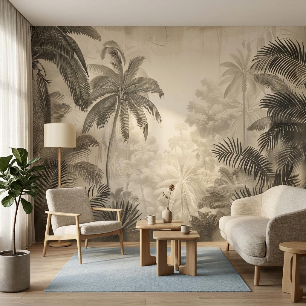 Vintage Tropical Palm Tree Mural, Sepia Jungle Landscape Wall Art, Botanical Engraving Style-WP0209