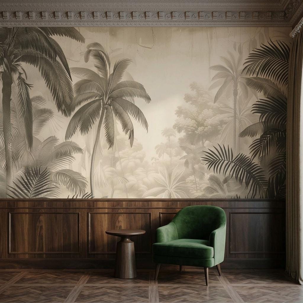 Vintage Tropical Palm Tree Mural, Sepia Jungle Landscape Wall Art, Botanical Engraving Style-WP0209