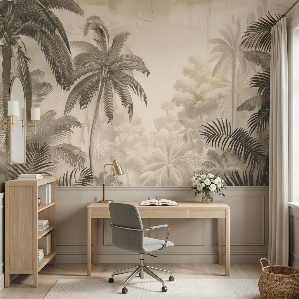 Vintage Tropical Palm Tree Mural, Sepia Jungle Landscape Wall Art, Botanical Engraving Style-WP0209
