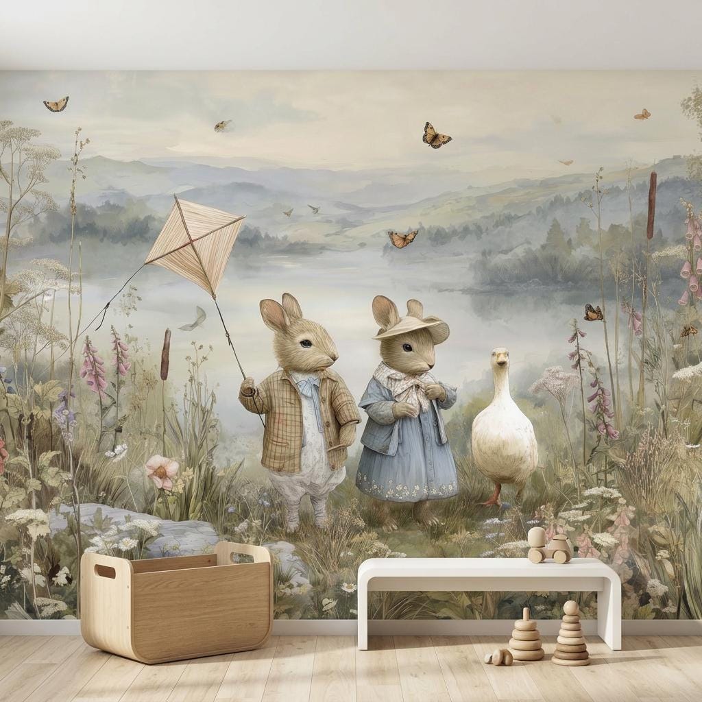 Vintage Storybook Rabbit Mural, Woodland Nursery Wall Art, Watercolor Lake Scene-WP0210