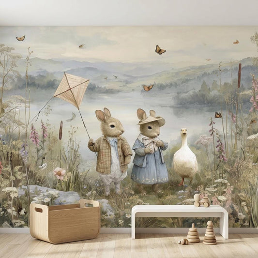 Vintage Storybook Rabbit Mural, Woodland Nursery Wall Art, Watercolor Lake Scene-WP0210