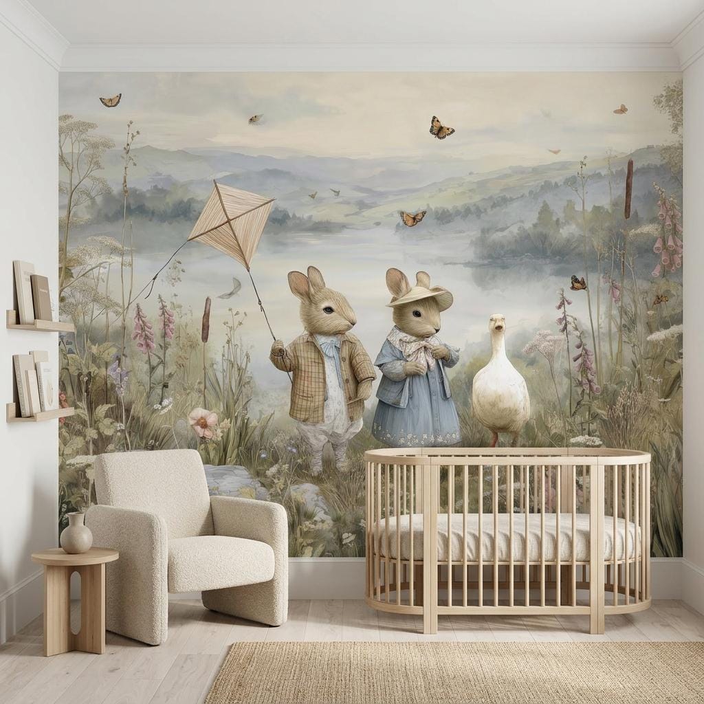 Vintage Storybook Rabbit Mural, Woodland Nursery Wall Art, Watercolor Lake Scene-WP0210