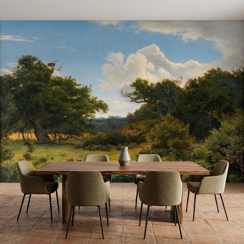 Vintage Landscape Oil Painting Wallpaper Mural, Scenic Nature Wall Decor, Traditional Pastoral Art, Large Scale Wall Decal-WP0189