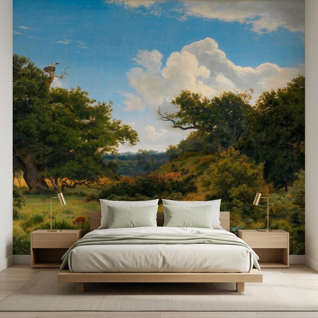 Vintage Landscape Oil Painting Wallpaper Mural, Scenic Nature Wall Decor, Traditional Pastoral Art, Large Scale Wall Decal-WP0189