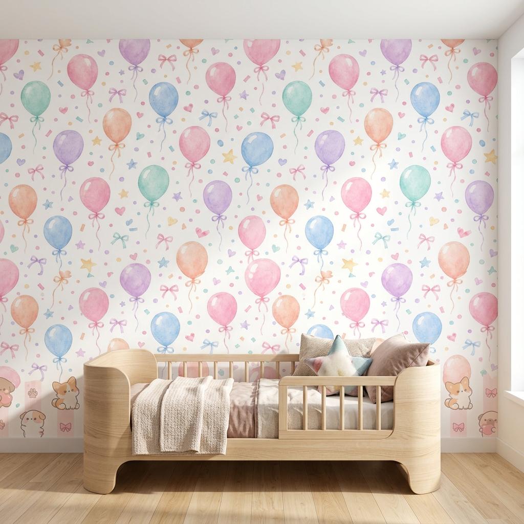 Watercolor Pastel Balloons Nursery Wallpaper, Whimsical Kids Room Mural Peel and Stick-WP0211