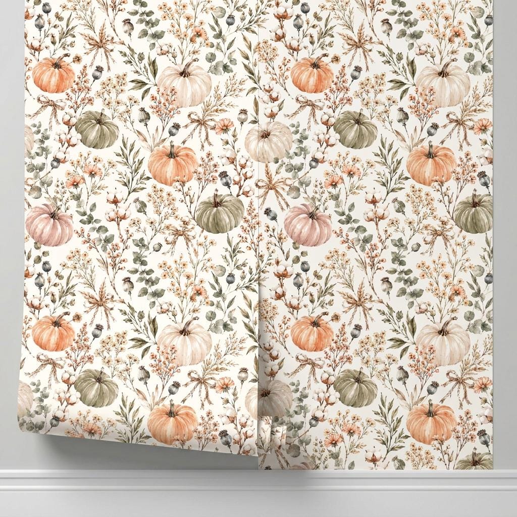 Watercolor Pumpkin Floral Wallpaper, Rustic Autumn Peel and Stick-WP0212