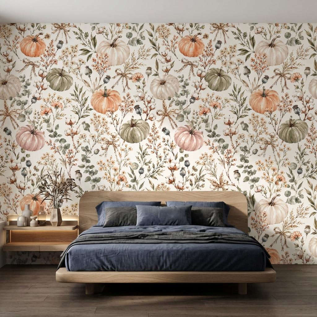 Watercolor Pumpkin Floral Wallpaper, Rustic Autumn Peel and Stick-WP0212