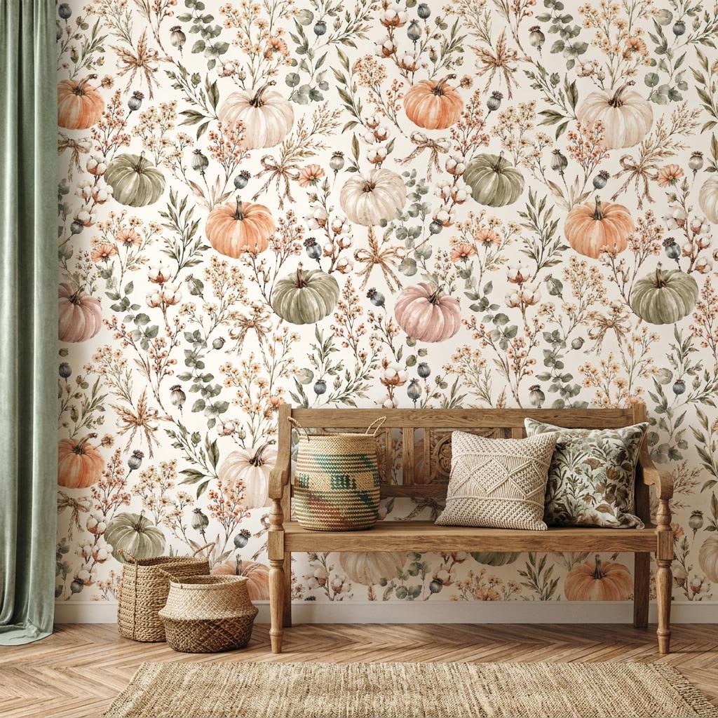 Watercolor Pumpkin Floral Wallpaper, Rustic Autumn Peel and Stick-WP0212