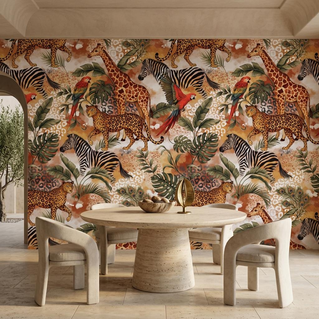 Maximalist Jungle Safari Animals Wallpaper, Tropical Exotic Leaf Wall Mural-WP0213
