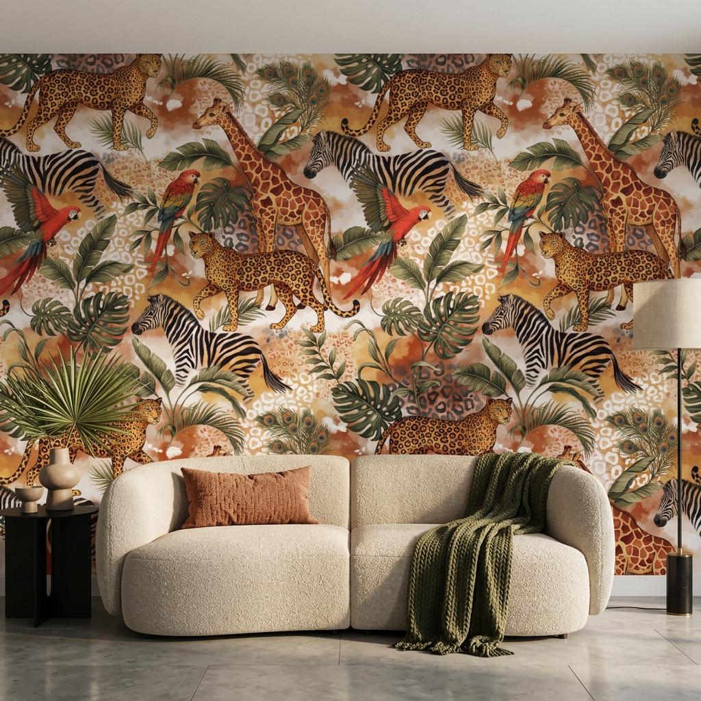 Maximalist Jungle Safari Animals Wallpaper, Tropical Exotic Leaf Wall Mural-WP0213