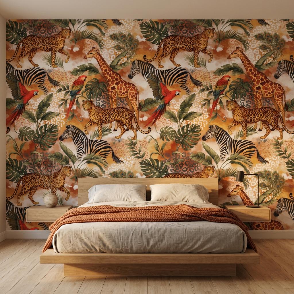 Maximalist Jungle Safari Animals Wallpaper, Tropical Exotic Leaf Wall Mural-WP0213