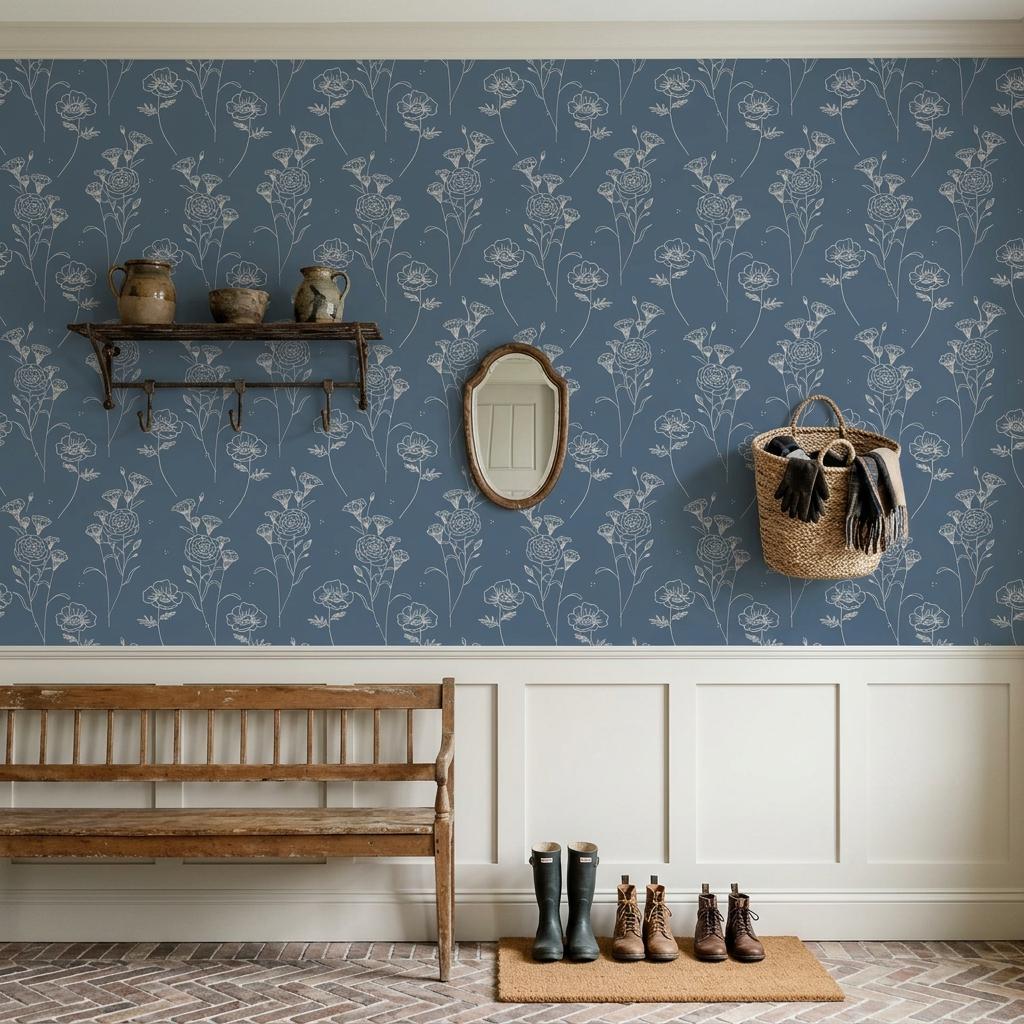 Blue Floral Line Art Wallpaper, Minimalist Botanical Wall Mural Peel and Stick