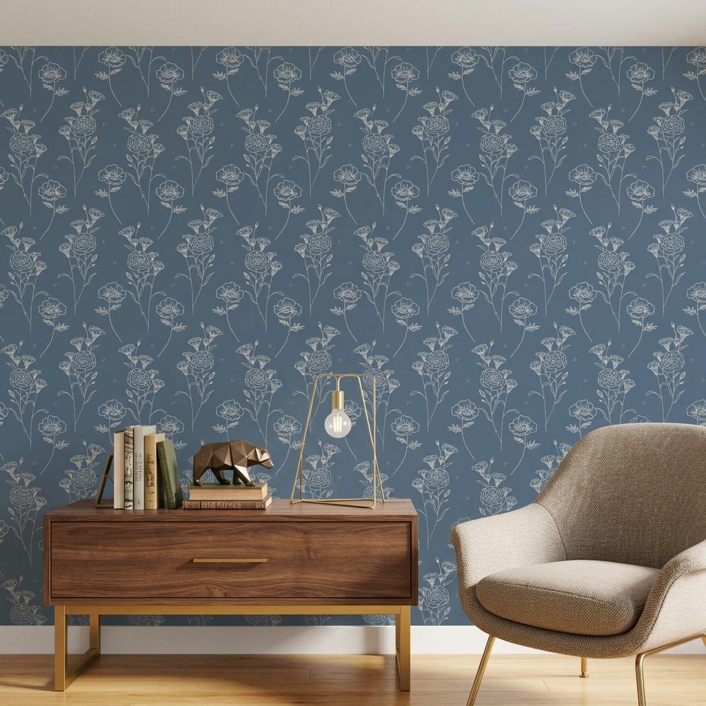 Blue Floral Line Art Wallpaper, Minimalist Botanical Wall Mural Peel and Stick