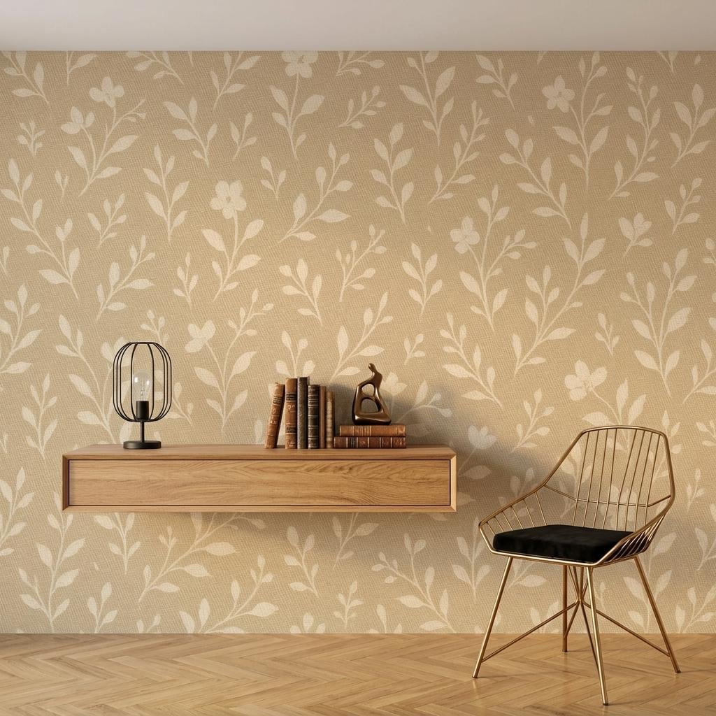 Minimalist Ochre Floral Wallpaper, Linen Texture Peel and Stick Botanical Decor for Boho Nursery-WP0191