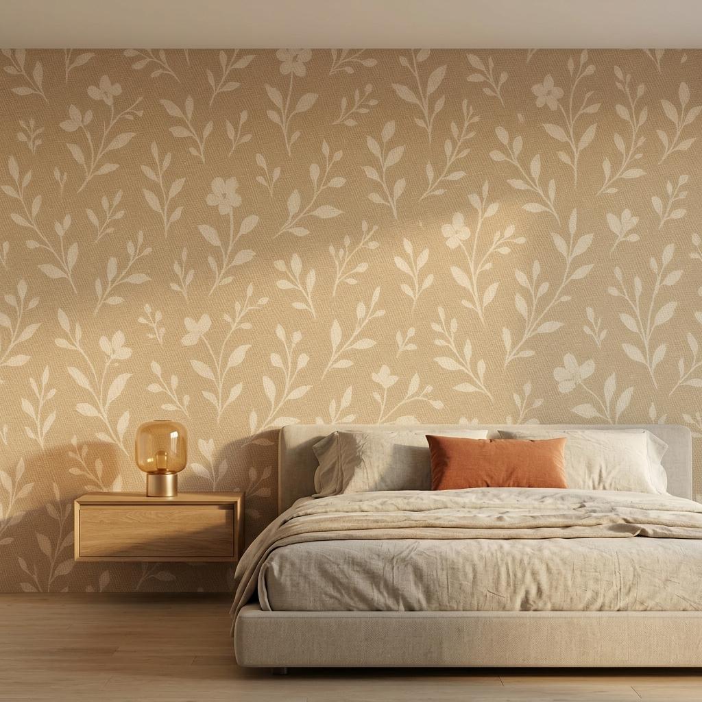 Minimalist Ochre Floral Wallpaper, Linen Texture Peel and Stick Botanical Decor for Boho Nursery-WP0191