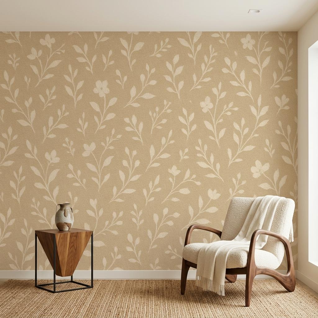 Minimalist Ochre Floral Wallpaper, Linen Texture Peel and Stick Botanical Decor for Boho Nursery-WP0191