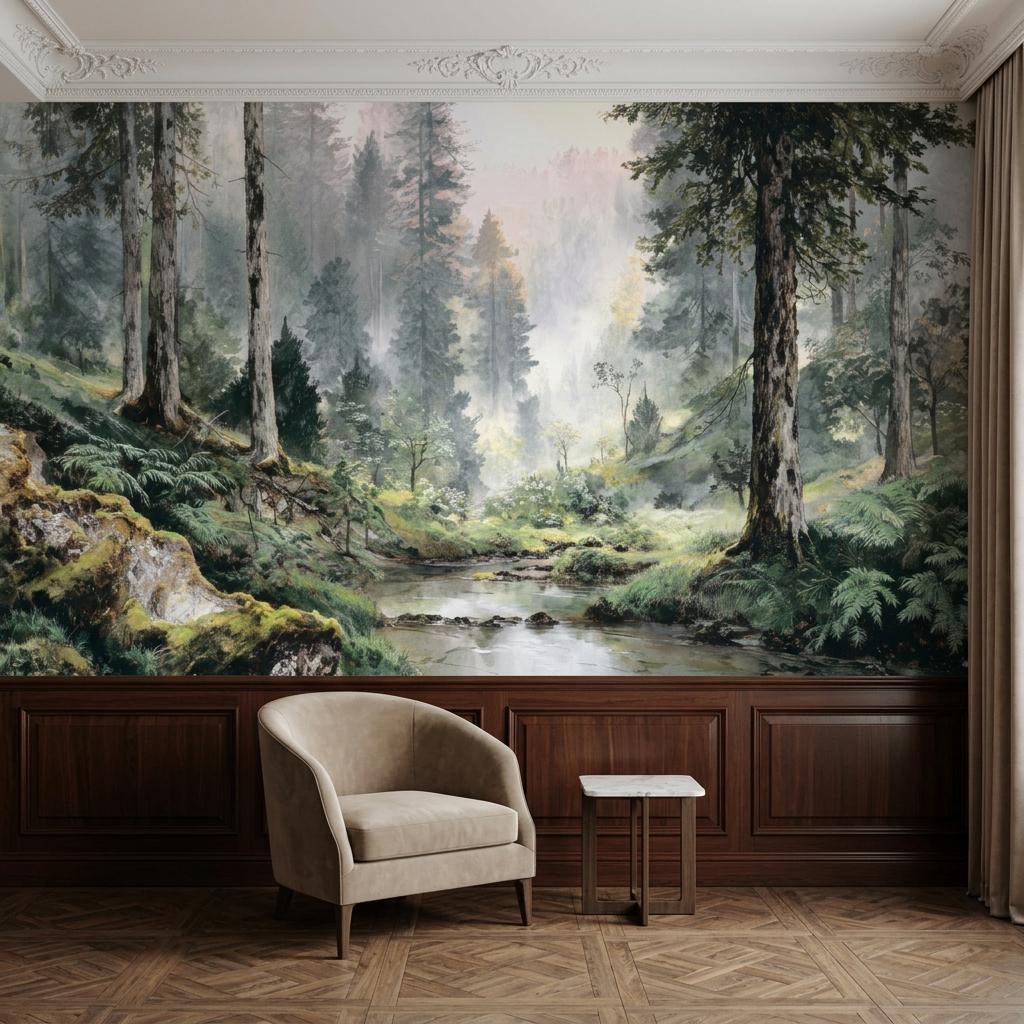 Misty Green Vintage Pine Forest Wallpaper, Moody Woodland Mural for Victorian Decor-WP0192