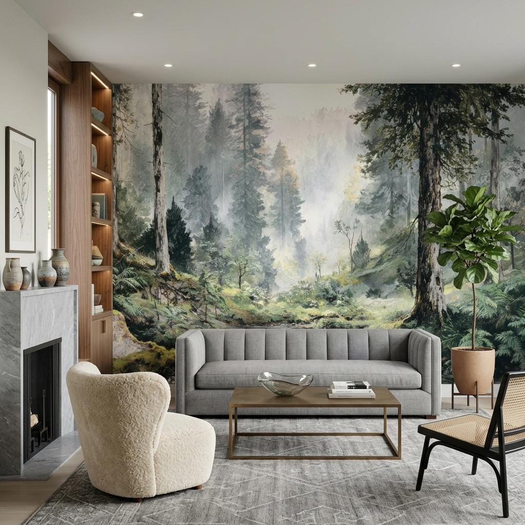Misty Green Vintage Pine Forest Wallpaper, Moody Woodland Mural for Victorian Decor-WP0192